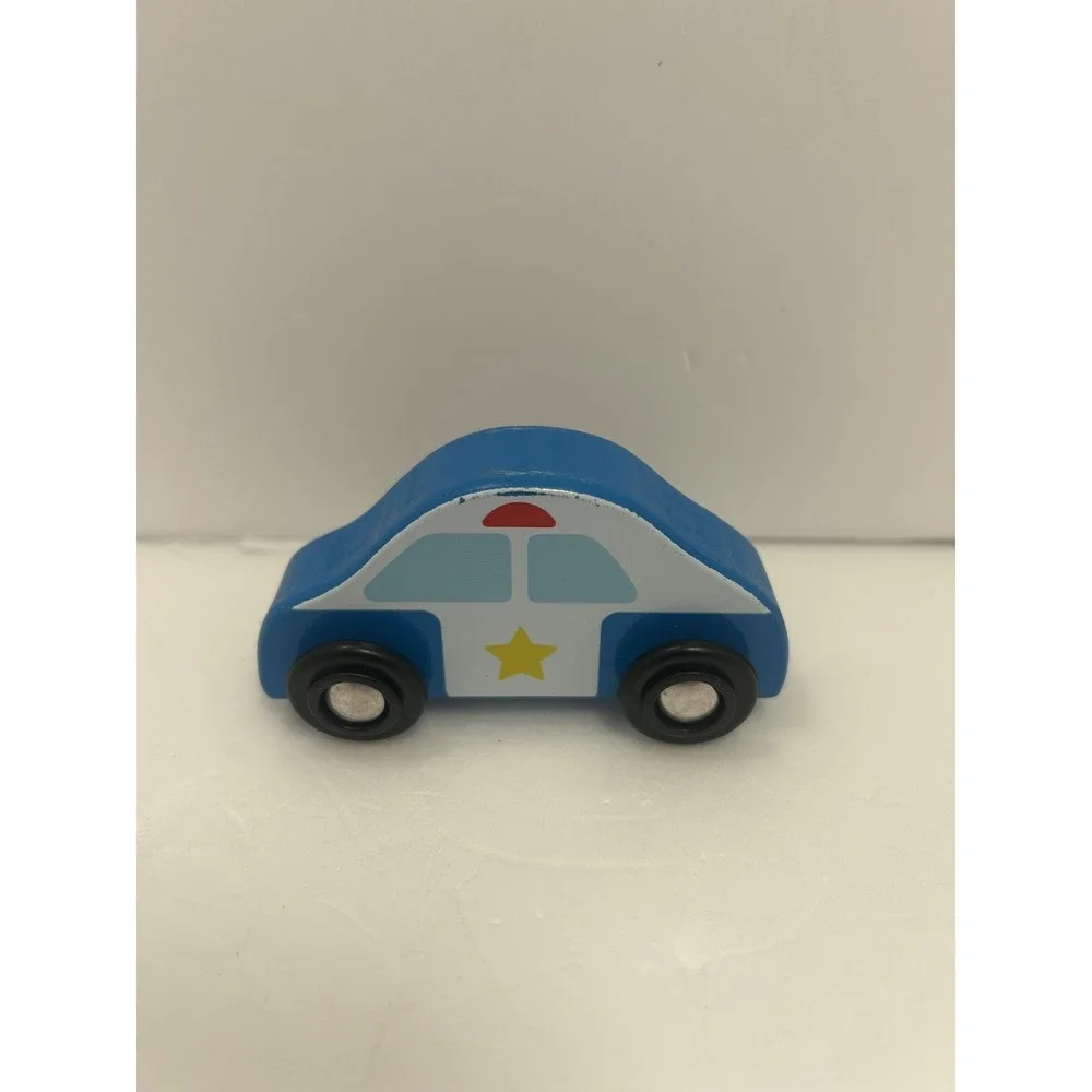 Blue White Police Car Toy Small Wood Vehicle Kids Cute Fun Play Star Design